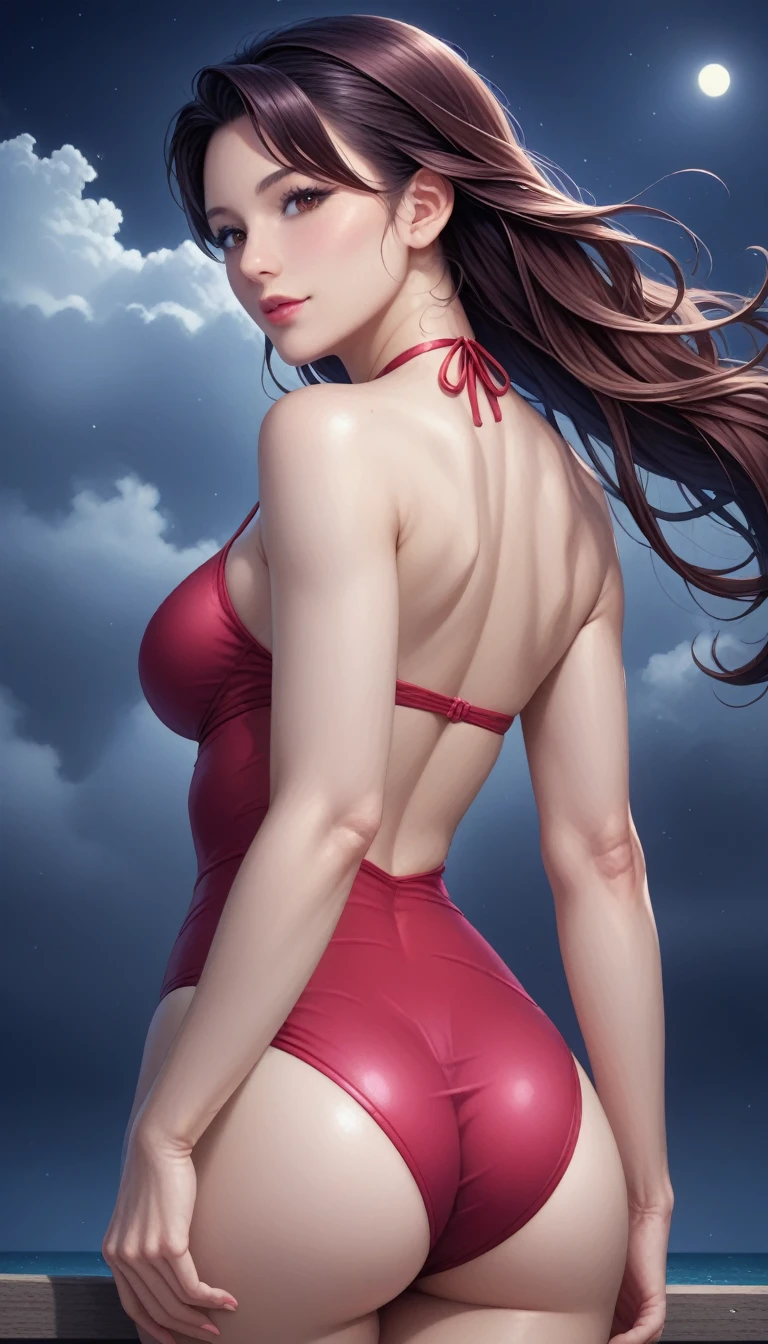 score_9, score_8_superior, score_7_superior, High-resolution CG illustration,A masterpiece in 32K resolution,Highest quality,it is really amazing,Very detailed,Ultra-high resolution,Ultra-realistic,Realistic,Increased depth of field,Cinematic lighting,
Sexy mature Japan woman,
Straight long hair with black hair,Ultra-detailed and beautiful face,Calm and gentle look,Beautiful brown eyes,Translucent white skin,Realistic skin texture,Great proportions,
Elegant red swimsuit,
Simple design,Chic color scheme based on red,Detailed fabric texture,
(Dark overcast sky on a dull night:1.1),(Dark clouds filling the sky:1.1),Thundercloud,Coastline at night,Stormy seas,delay々A desolate sandy beach that continues,
Shapely ass,(Beautiful back view:1.1),Cinematic,