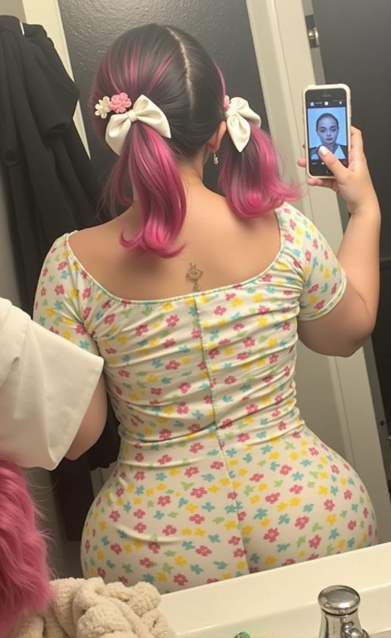 woman with pink hair taking a picture of herself in the mirror, wearing pink hair bow, pigtails, colorful pigtail, wearing underwear, with pink hair, wearing pink panties, back of the hair, roses in her hair, pink hair covered with hairpins, view from the back, curvy and bow, shot from the back, thick bow, insanely inflated hips, beautiful girl, big ass, huge ass, bbw, from behind, thick, thick thighs, wide hips, bbw, big , sideboob, giant ass, side view, big butt, round butt, tight underwear, underwear halfway off, underwear taking off, grabbing ass, ass spilling over underwear, too thick for clothes, side angle, chubby stomach, big , filipina, naked fat ass on sink riding a dildo