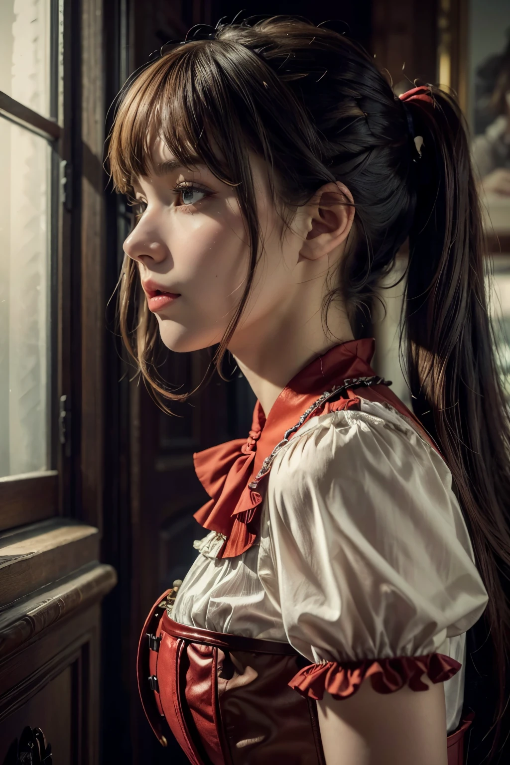 8K,((masterpiece)), ((best quality)), (ultra-detailed), High detail, professional photograph, highest quality, floating hair, beautiful detailed, (((realistic))), hyper realistic character,natural lighting ,beautiful detailed eyes,1girl, solo,blunt bangs, realistic,a girl with a large bust, her blouse is about to burst from her large breasts, ponytail, bangs, thick thighs, beautiful detailed eyes, beautiful detailed lips, extremely detailed eyes and face, long eyelashes, , ((red corset blouse)), ((red blouse)), (black pleated skirt), thigh-high socks, suspenders, photo-realistic, 8k, vivid colors, masterpiece, anime, cinematic lighting, soft focus, (from side:1.4)