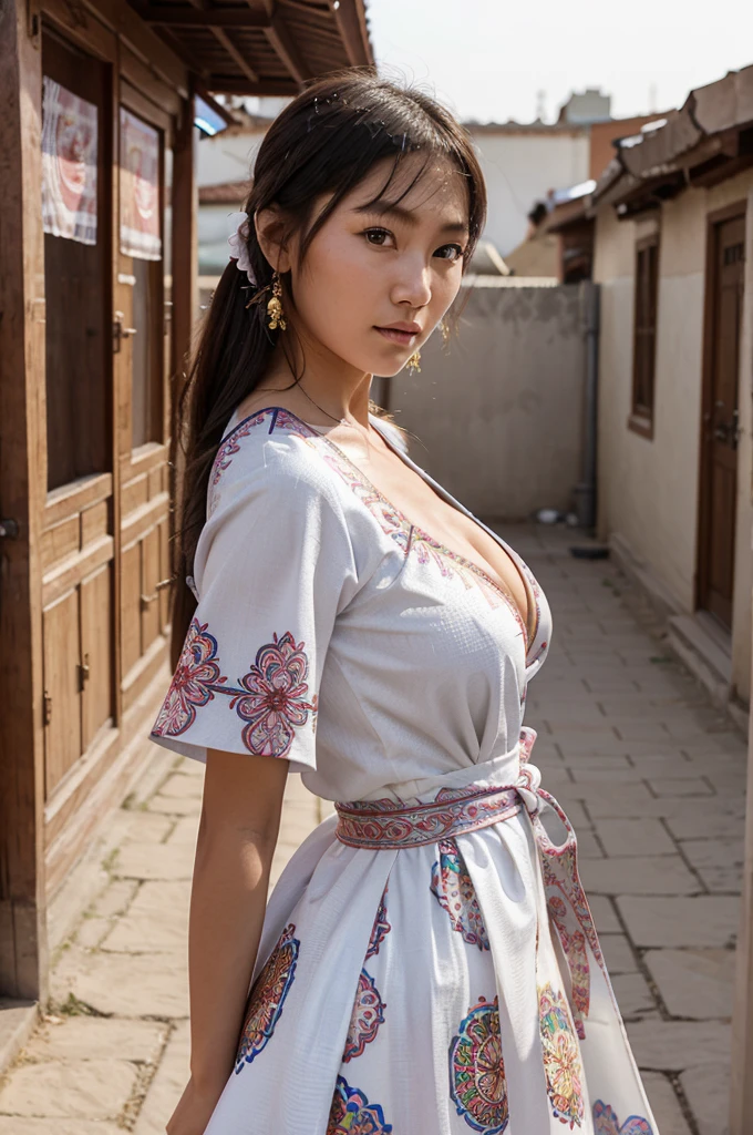 Create an image of a Mongolian girl in traditional clothing with many colorful brocade patterns, her face is smooth and her skin is beautiful white, she is wearing a low-cut dress revealing her big breasts, she is standing outdoors and looking straight at the camera