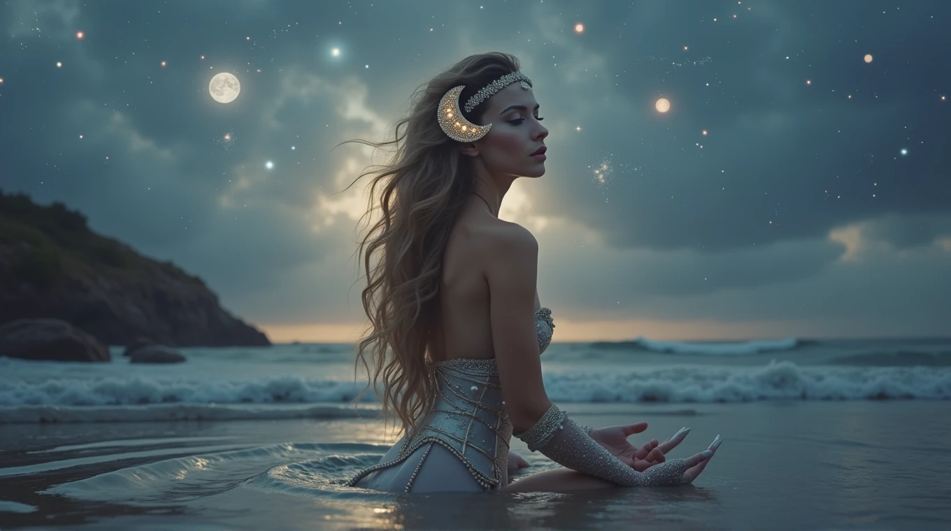 A hyperrealistic and deeply fantastical image of a woman who represents the zodiac sign of Cancer. Her hair, long and wavy, it is adorned with pearls and small seashells that reflect the moonlight. She wears a silver dress with a design reminiscent of the waves of the sea, with a corset decorated with details that imitate the claws of a crab, subtly intertwined with golden threads that shine like sand under the sun. Her makeup is mystical, with eyeshadow that recreates a nocturnal ocean, with sparkles of stars and lunar reflections, while her lips have a soft pearly sheen that evokes the reflected light in the water.

In your head, a crescent moon-shaped tiara made of crystals that change color according to the light, reinforcing the connection with the moon and tides. In your hands, transparent gloves decorated with seaweed and bubble motifs, that extend to her elbows.

The background is an ocean under the light of a bright full moon, with waves that seem to be suspended in time, shining with ethereal lights. Around the woman, The sky is full of shooting stars and constellations forming mystical patterns.. The scene is enveloped in a luminous mist that connects the sky with the sea, creating a dreamlike and magical atmosphere. Everything in the image, from the colors to the composition, it is designed to capture the aquatic essence, emotional and protective of Cancer, while the fantasy effects make the scene spectacular and unique, as if it were the work of a photographer of magical worlds. with bright magical lights, Warm and soft lighting, vibrant colors, ethereal and atmospheric, Very detailed, 8k, photorealistic, masterpiece