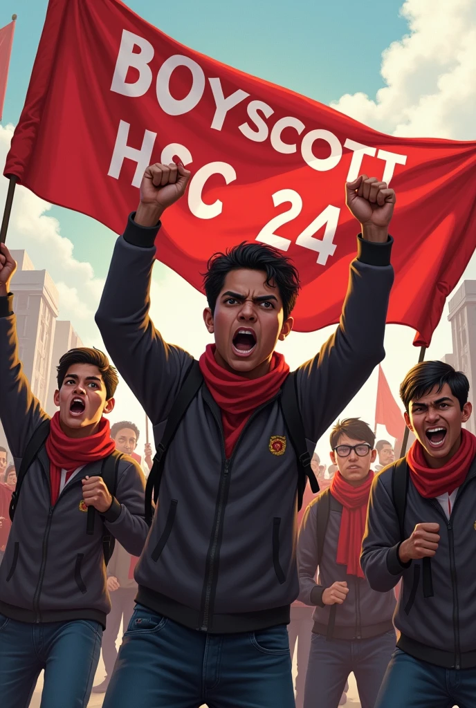 Wearing college dress students protest with aggression face with banners where write "Boycott Hsc 24" and background is Rajshahi 