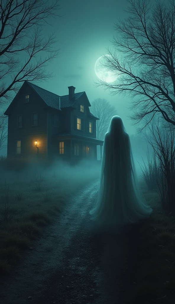 A wide view of the old Bell farm at night, with the faint, ghostly figure of the Bell Witch visible near the house, surrounded by an ominous aura