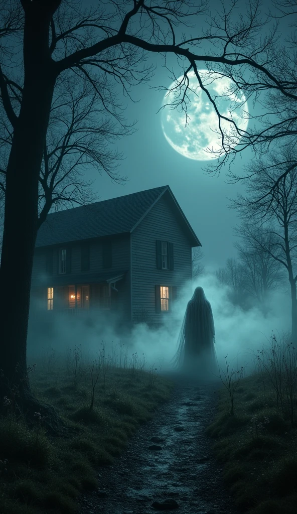 A wide view of the old Bell farm at night, with the faint, ghostly figure of the Bell Witch visible near the house, surrounded by an ominous aura