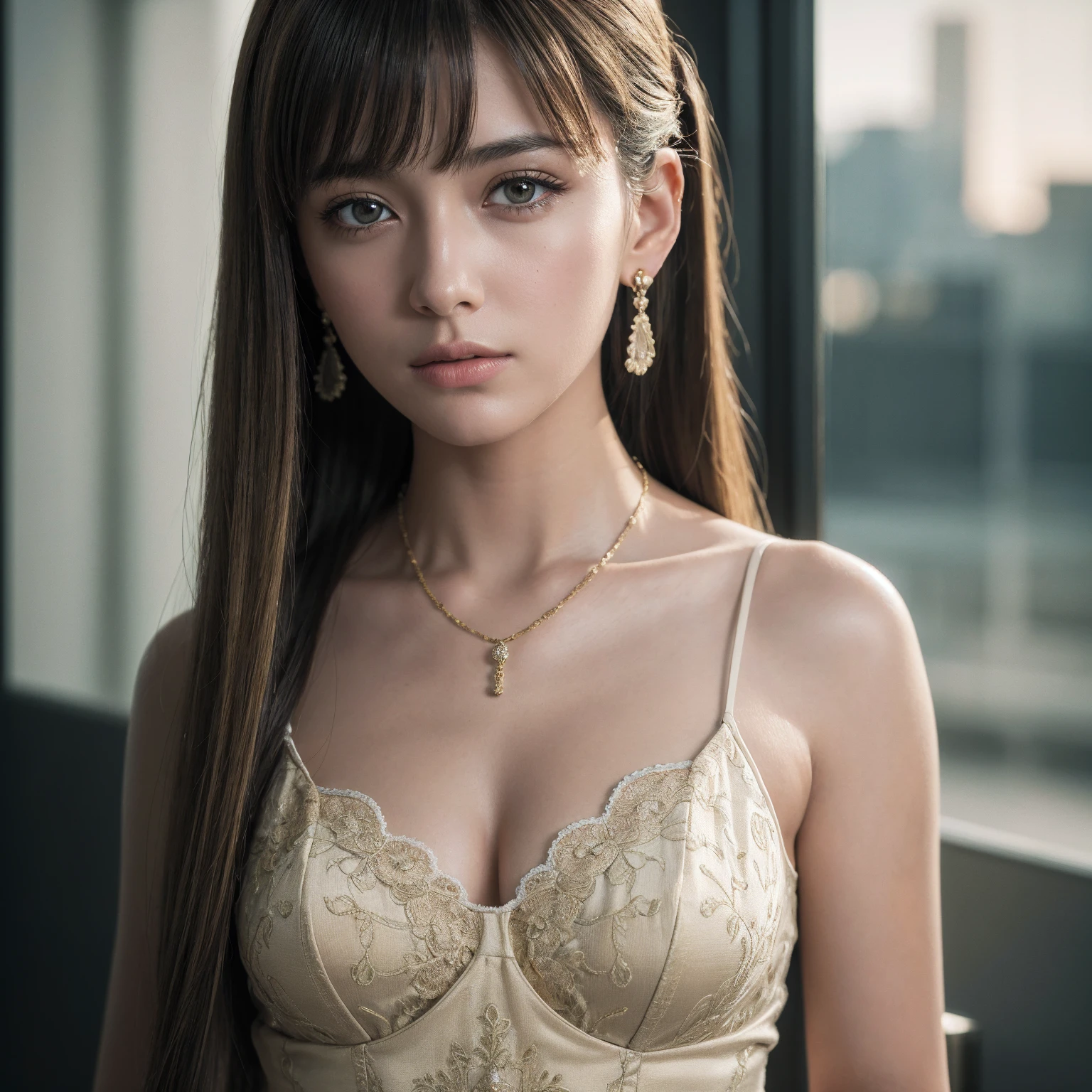 (8k,4k,Top Quality,Hi-Res:1.1),(Realistic, Photorealistic: 1.1),close up of a european,20 year old female,1 girl,solo,face,twin tails,bangs,gold hair,necklace,earrings,lips,bule eye,eye shadow, Mature,jewelry,beautiful,standing,(small hips),downtown,natural skin texture,24mm,4k textures,soft cinematic light,RAW photo, photorealism,photorealistic,intricate,elegant, highly detailed,sharp focus,((((cinematic look)))),soothing tones,insane details, intricate details,hyperdetailed,low contrast, soft cinematic light,dim colors,exposure blend,hdr,faded,spaghetti strap,detailed, high contrast,