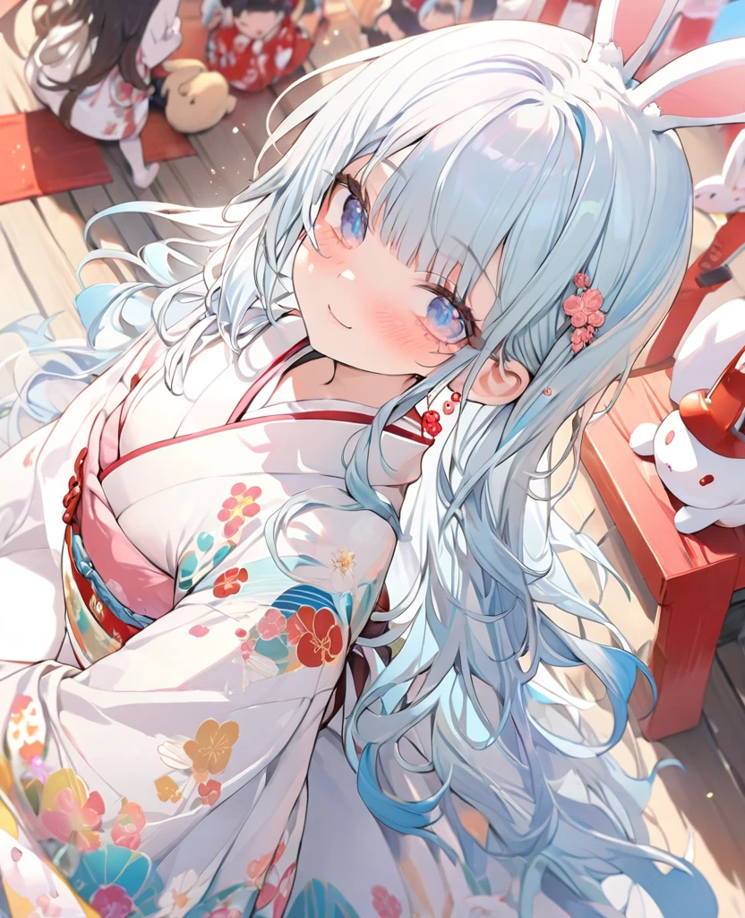 masterpiece, best quality, extremely detailed, (illustration, official art:1.1), 1 girl ,(((( light blue long hair)))), ,(((( light blue long hair)))),light blue hair, , long hair ((blush)) , cute face, big eyes, masterpiece, best quality,(((((a very delicate and beautiful girl))))),Amazing,beautiful detailed eyes,blunt bangs((((little delicate girl)))),tareme(true beautiful:1.2), sense of depth,dynamic angle,,,, affectionate smile, (true beautiful:1.2),,(tiny 1girl model:1.2),)(flat chest) 、,an extremely delicate and beautiful,Beautiful and realistic skin,Shiny jewel-like earrings,Long colorful hair,beautiful eyes,whole body,head to toe,beautiful regs,beautiful Traditional Japanese Happi coat,summer festival 、( Cute stuffed rabbit, )