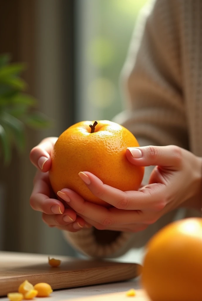 Make me an image as if I were drawing a sketch of a still life with fruit and only the hand is visible 