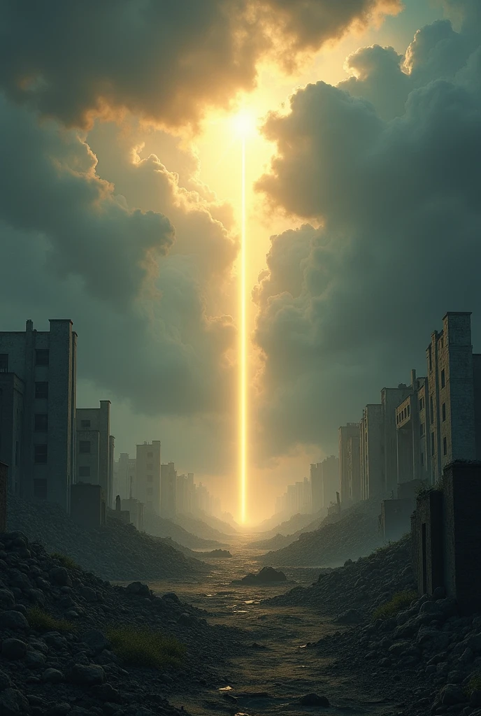 A ray of hope breaking through dark clouds, with rays of light shining over a devastated landscape. The scene suggests a potential for renewal or a new beginning, with soft colors and a peaceful aura.
