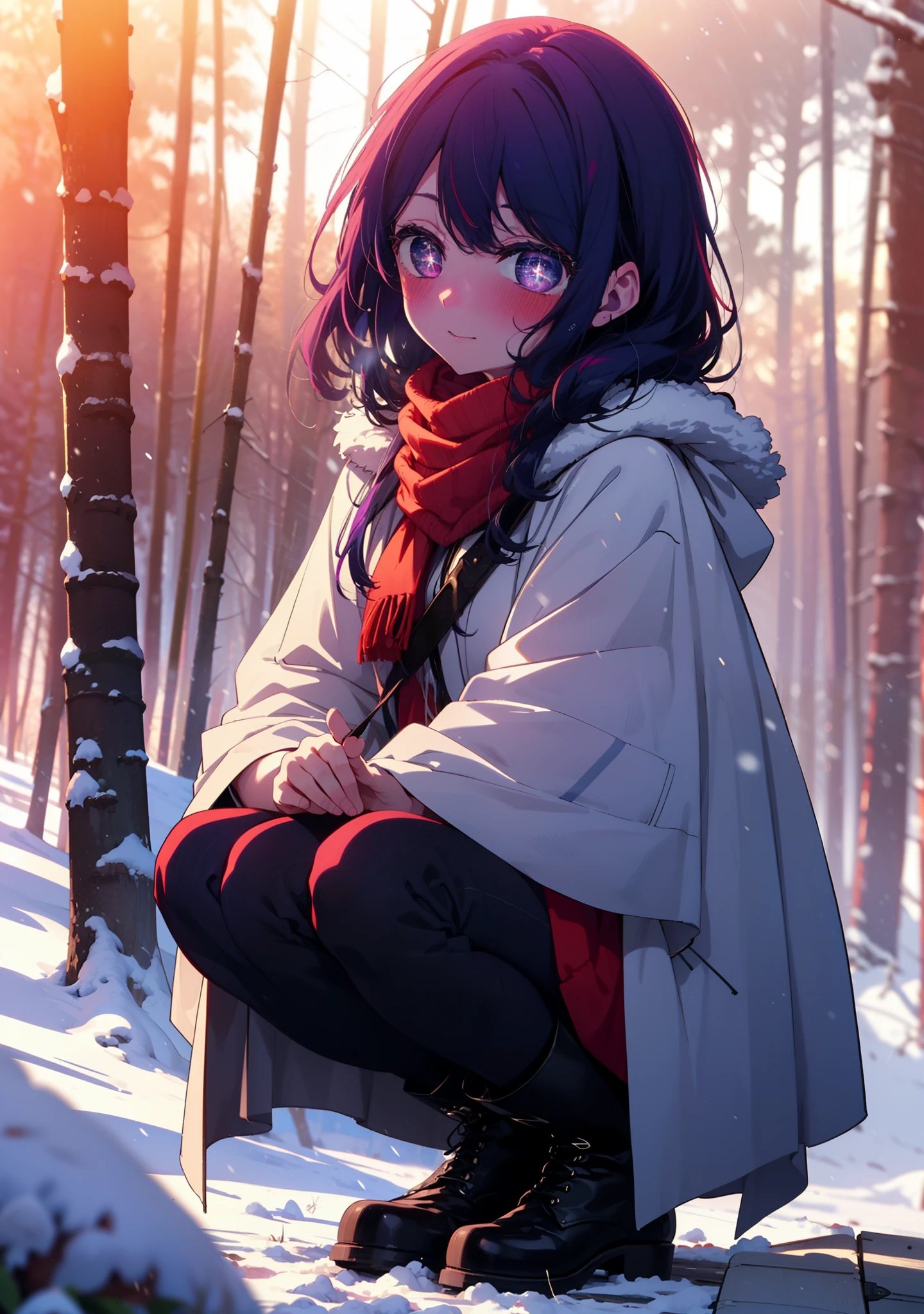 aihoshino, Ai Hoshino, Long Hair, bangs, (Purple eyes:1.1), Purple Hair, (Symbol-shaped pupil:1.5), smile,,smile,blush,white breath,
Open your mouth,snow,Ground bonfire, Outdoor, boots, snowing, From the side, wood, suitcase, Cape, Blurred, , forest, White handbag, nature,  Squat, Mouth closed, Cape, winter, Written boundary depth, Black shoes, red Cape break looking at viewer, Upper Body, whole body, break Outdoor, forest, nature, break (masterpiece:1.2), Highest quality, High resolution, unity 8k wallpaper, (shape:0.8), (Beautiful and beautiful eyes:1.6), Highly detailed face, Perfect lighting, Extremely detailed CG, (Perfect hands, Perfect Anatomy),