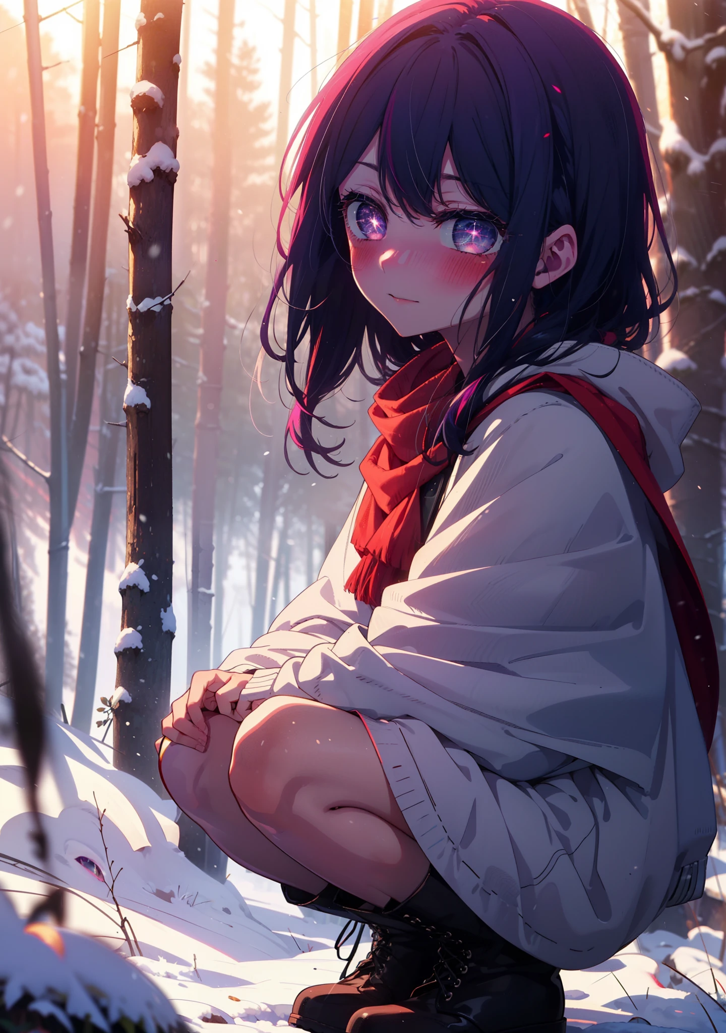 aihoshino, Ai Hoshino, Long Hair, bangs, (Purple eyes:1.1), Purple Hair, (Symbol-shaped pupil:1.5), smile,,smile,blush,white breath,
Open your mouth,snow,Ground bonfire, Outdoor, boots, snowing, From the side, wood, suitcase, Cape, Blurred, , forest, White handbag, nature, Squat, Mouth closed, Cape, winter, Written boundary depth, Black shoes, red Cape break looking at viewer, Upper Body, whole body, break Outdoor, forest, nature, break (masterpiece:1.2), Highest quality, High resolution, unity 8k wallpaper, (shape:0.8), (Beautiful and beautiful eyes:1.6), Highly detailed face, Perfect lighting, Extremely detailed CG, (Perfect hands, Perfect Anatomy),