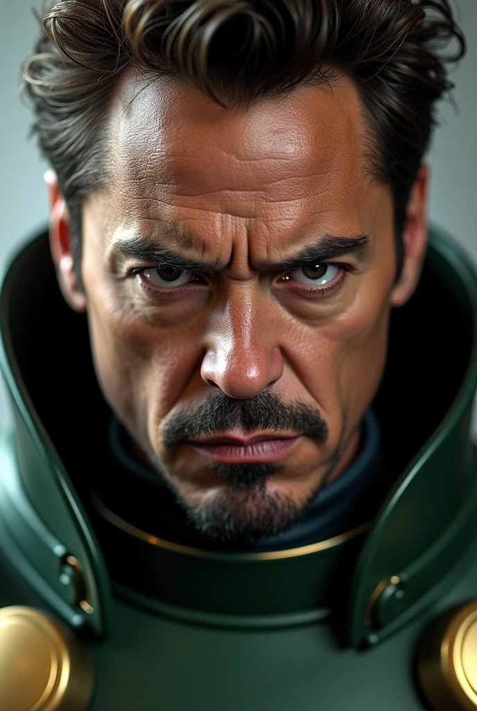 Robert Downey jr's face in dr. doom's costume,no mask in face,angry expression,face accuracy should be maintained