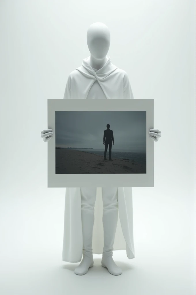 A faceless man and white background and holding large paper photo create