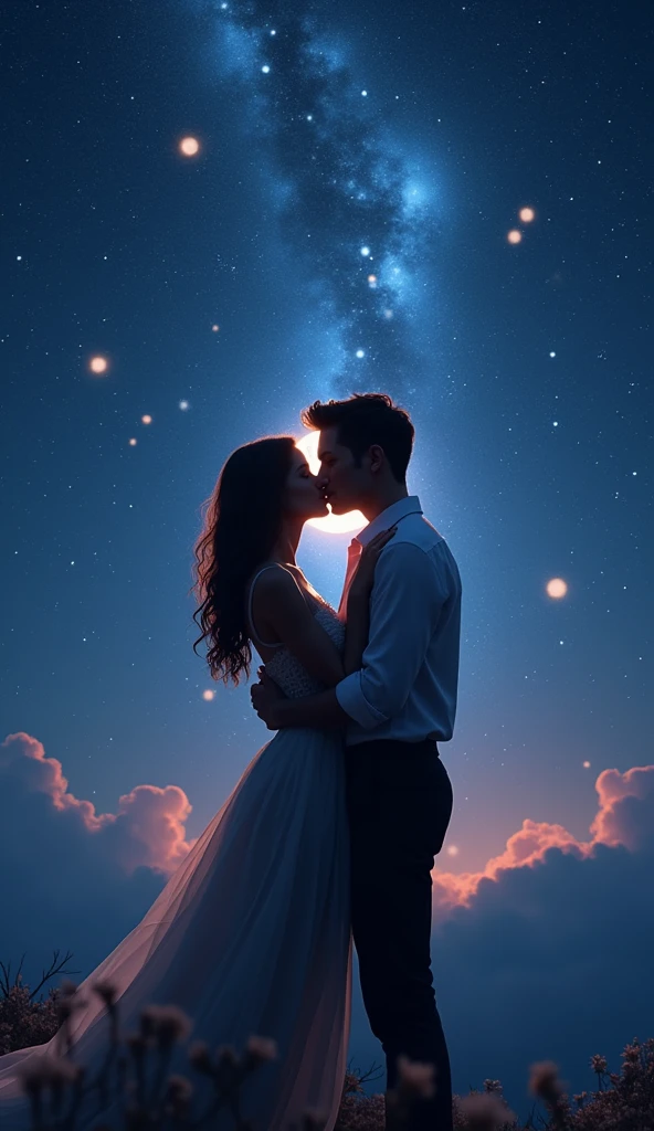 a tender kiss under a starry night sky, unreal engine, photorealistic, 8k, highly detailed, dramatic lighting, cinematic composition, breathtaking scenery, romantic atmosphere, glowing stars, moonlight, ethereal, fantasy, surreal, dreamlike, dramatic, emotional, captivating, stunning, mesmerizing
