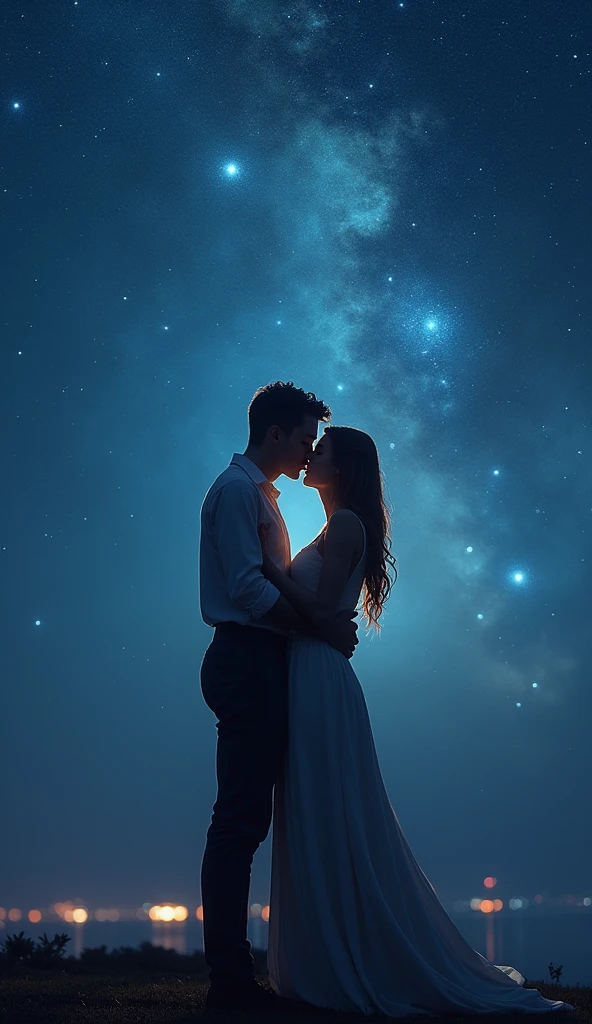 a tender kiss under a starry night sky, unreal engine, photorealistic, 8k, highly detailed, dramatic lighting, cinematic composition, breathtaking scenery, romantic atmosphere, glowing stars, moonlight, ethereal, fantasy, surreal, dreamlike, dramatic, emotional, captivating, stunning, mesmerizing