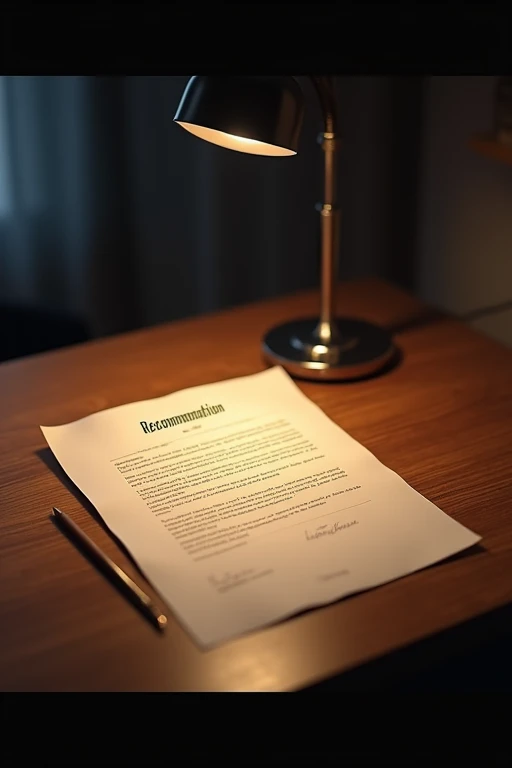 A recommendation letter rests on a wooden table, with the envelope partially opened beside it. The letter is highlighted under the direct light of a desk lamp, while the rest of the room remains dimly lit, suggesting that something important is being considered. Realista,cinematic, 8k 