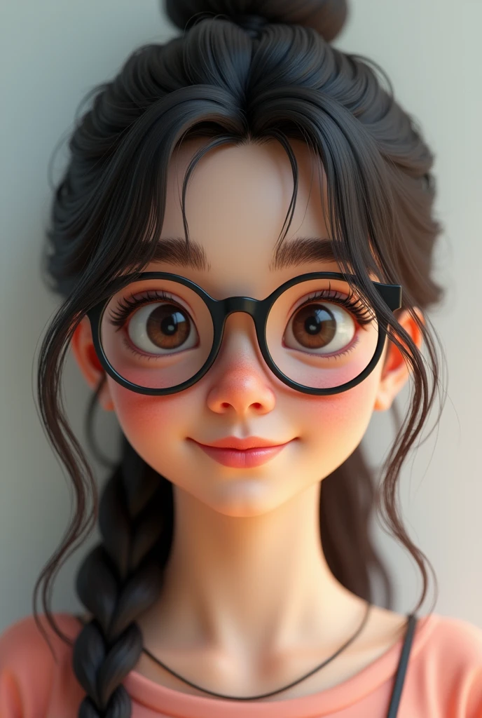 A teenage female with dark brown eyes, with broken hair, thick lips, high, thin and with a nice smile, put on glasses,3d render
