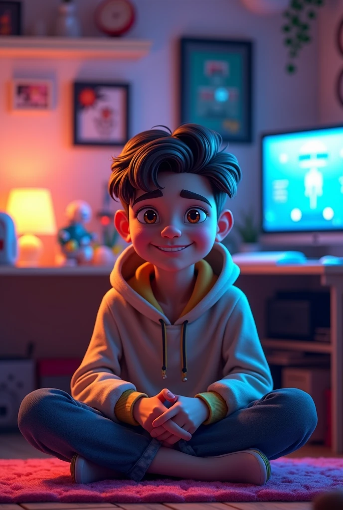 Create an image of a young avatar in their gamer room, LOOKING AT ME