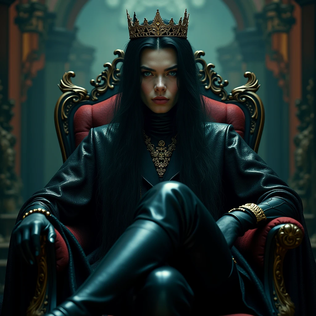 masterpiece, best quality, ultra-detailed, best shadow), (detailed background), (beautifully detailed face), high contrast, ((cinematic light)), colorful, hyper detail, intricate details,, depth of field A sexy young male with long black hair and teal blue eyes, her facial features delicate and pretty. His skin is white and pale. He's wearing gothic clothes, and he has long, thick, shiny legs. He's wearing gothic long boots. Sitting on a chair, crossing legs and raising his leg and towering over you. He has a crown.