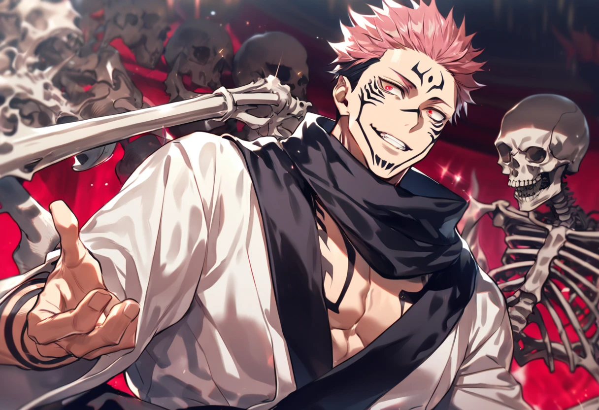 solo, Jujutsu Kaisen, Ryoumen Sukuna, handsome, manly, sexy man, expressive red eyes, pink hair, handsome smile, sadistic, black scarf, white kimono, fantasy, sparkling, sitting skeletons head, demon temple background, UHD, masterpiece, best quality, highres, super detail, anatomically correct, accurate