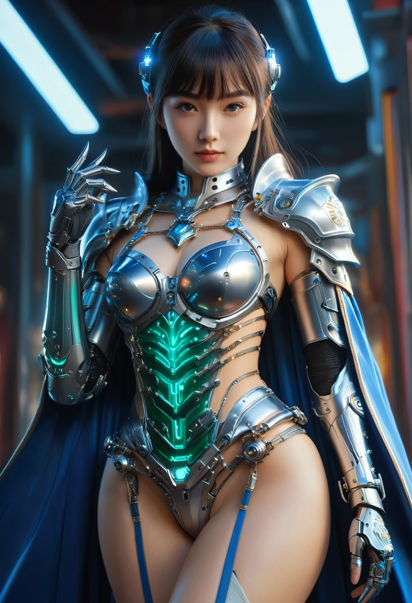 (Best Quality, 4K, 8K, High Resolution, Masterpiece: 1.2), (Super Detailed, Realistic, Photorealistic:1.37), A woman in futuristic clothing, (erotic and sexy:1.4), Trending on cgstation, Trending on cgstation, (Portrait of a girl in the Knights of the Zodiac:1.4), (blunt bangs:1.7), Cute Cyborg Girl, Perfect android girl, Portrait Astronaut Girl, Beautiful girl cyborg, Girl wearing iridescent and emerald and blue mechanical cyber armor, Game CG, cgsociety and fenghua zhong, Beautiful Cyborg Shrine Maiden, Bioluminescence, (Gal Gadot:0.6), Anatomically correct grip, Anatomically correct four fingers and one thumb, (long claws:1.4), erotic and sexy, A gorgeous cape with beautifully detailed embroidery