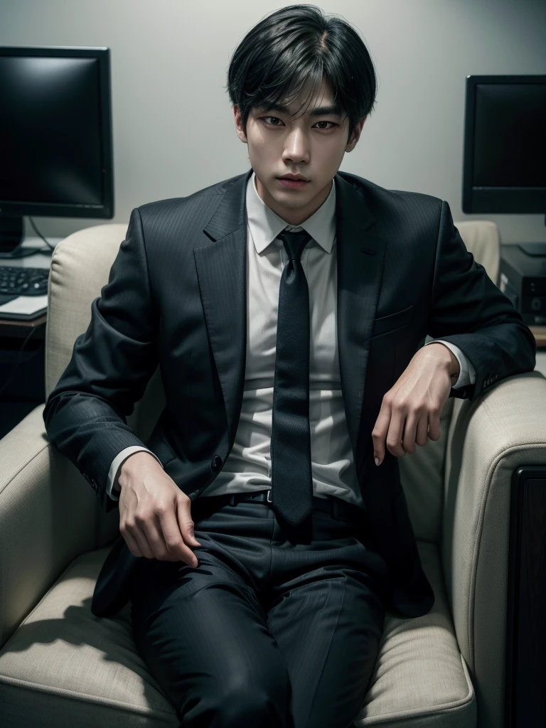 asian man, marked jaw, Kim Taehyung, fbi agent, using suit, while sitting in an armchair, looking at screen, striking look, CIA secret agent clothing, full hd, 4K, photo in the office, Black Suit