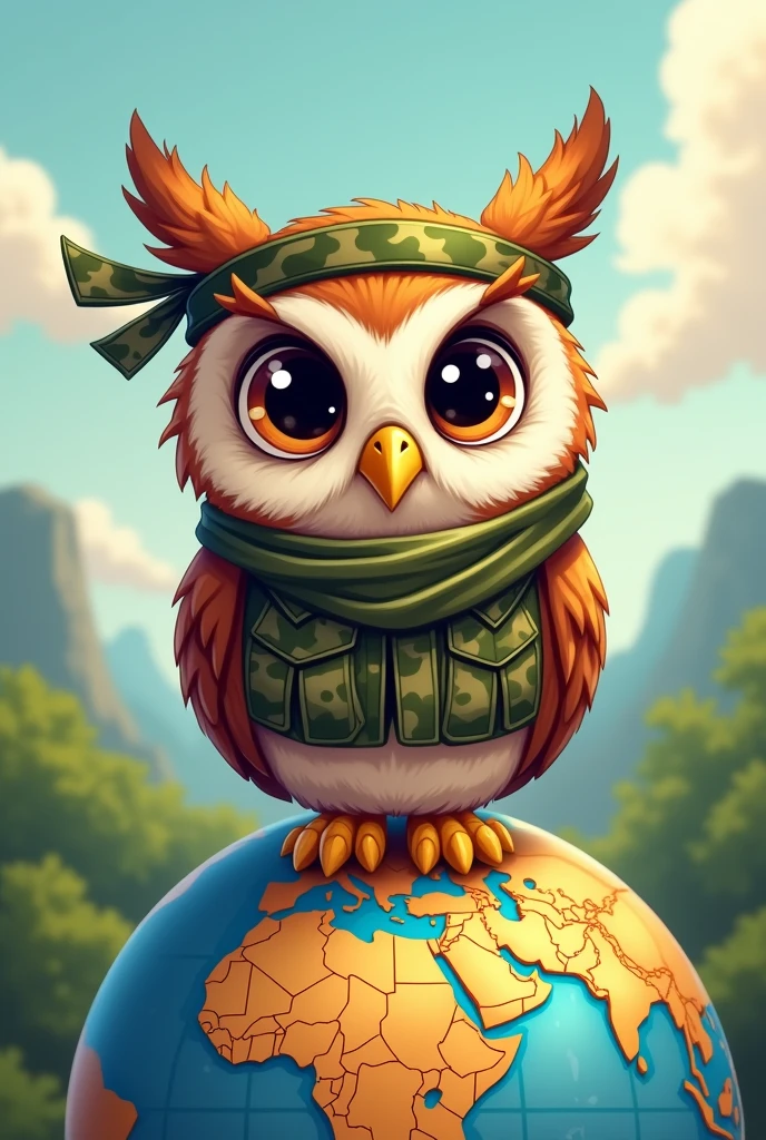 Is there a Rambo version in owl style, cartoon-like?, Personify it as if it were a man owl. Make it cuter. Even cuter now, just change the background and put the owl on top of a globe