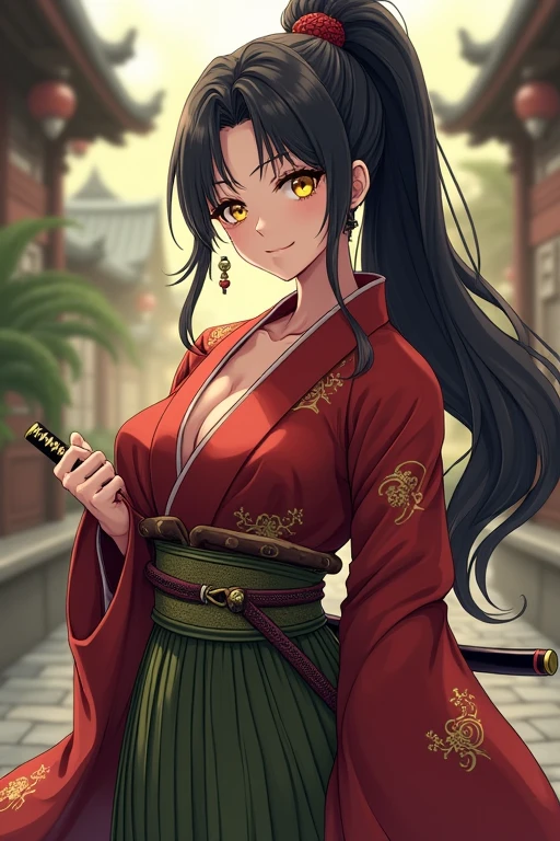 Anime Japanese woman in a kimono with yellow eyes, black hair, maroon clothing, and olive green hakama. She has large , long hair in a ponytail, and is smiling. She is wearing a sword on her left hip.