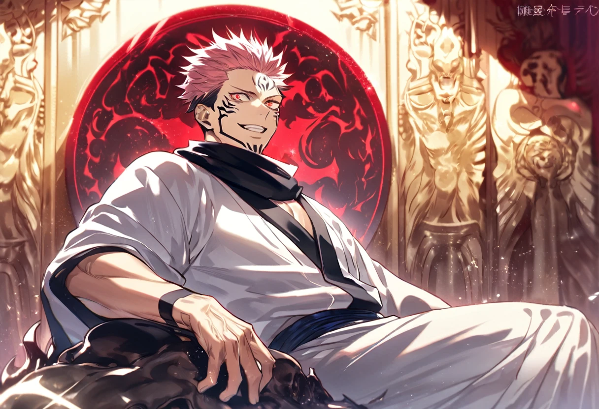 solo, Jujutsu Kaisen, Ryoumen Sukuna, handsome, manly, sexy man, expressive red eyes, pink hair, handsome smile, sadistic, black scarf, white kimono, fantasy, sparkling, sitting on skeletons head, demon temple background, UHD, masterpiece, best quality, highres, super detail, anatomically correct, accurate