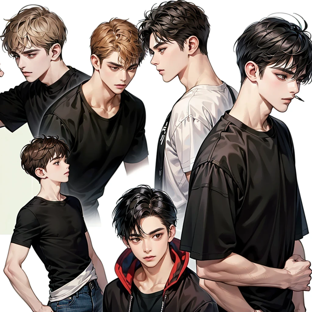Four boys, black hair, brown eyes, simple background, high resolution, brown hair, stand in a line.., Wear a t-shirt, shut your mouth, handsome, cool,