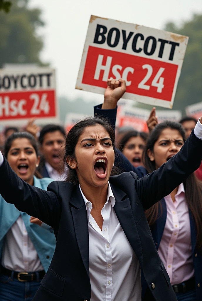 Wearing college dress students protest with aggression face with banners where write "Boycott Hsc 24" and in background written Rajshahi