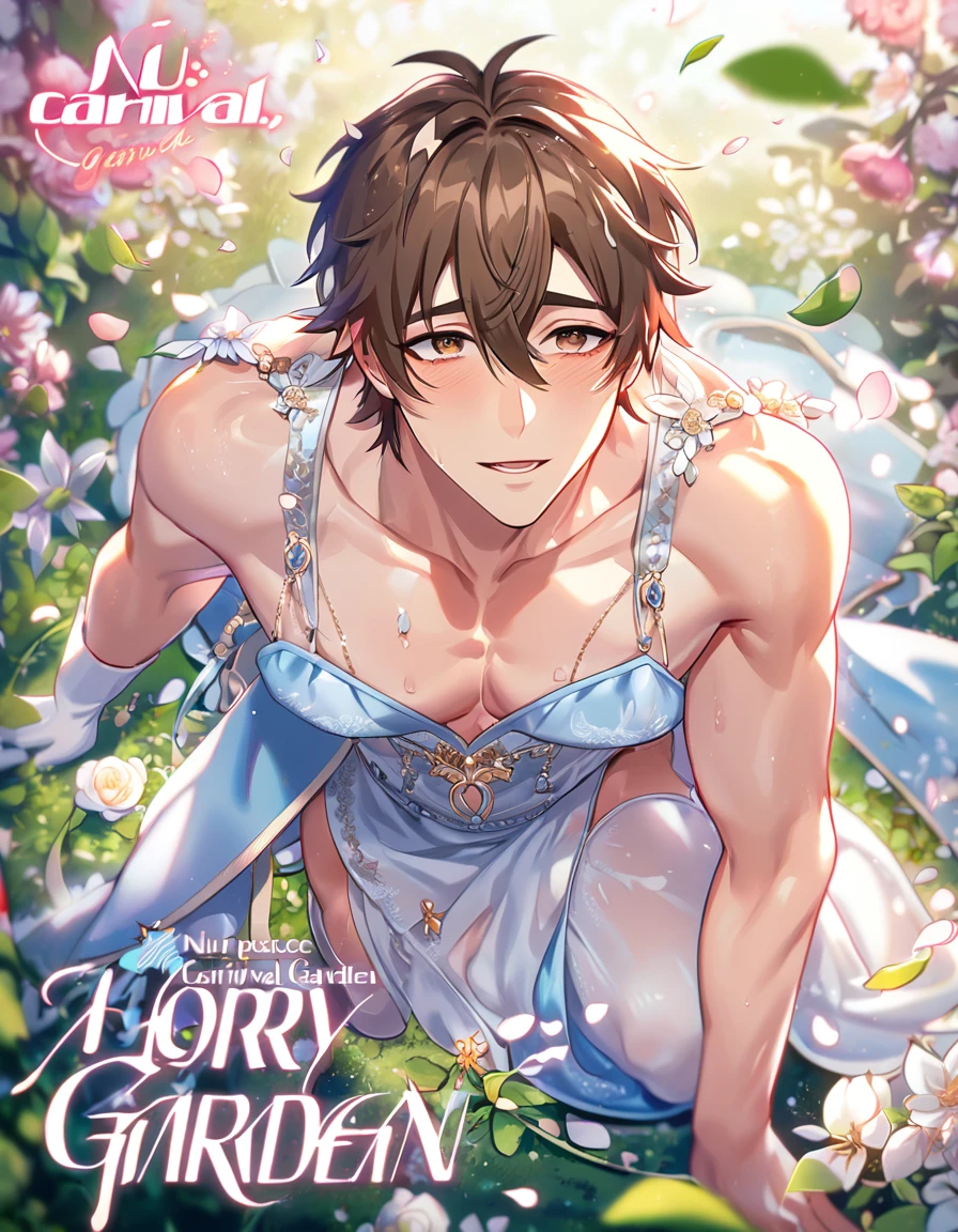 absurdres, highres, ultra detailed, HDR, master piece, best quality, extremely detailed, detailed eyes, Eiden, brown hair, expressive brown eyes, Nu Carnival, solo, sexy man, handsome, horny, lewd, fantasy, accessories, light-blue dress, long white gloves, Cinderella, spring, flowers, green leaves, magical garden, white fantasy, petals, night