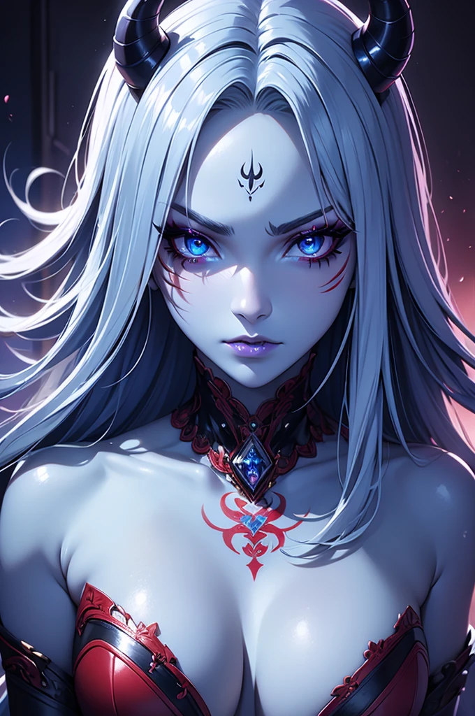 masterpiece,best quality,extremely detailed CG,ultra-detailed,1woman,devil,angry,eyeshadow,face tatoo,sexy make up,blue skin,