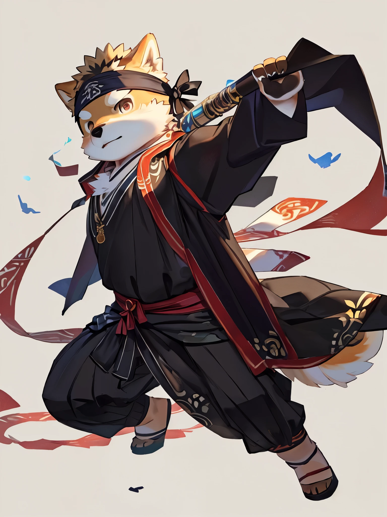 furry, shiba inu, black onmyoji outfit, black headband, hold a flute, paper talisman, young boy, tall, male,