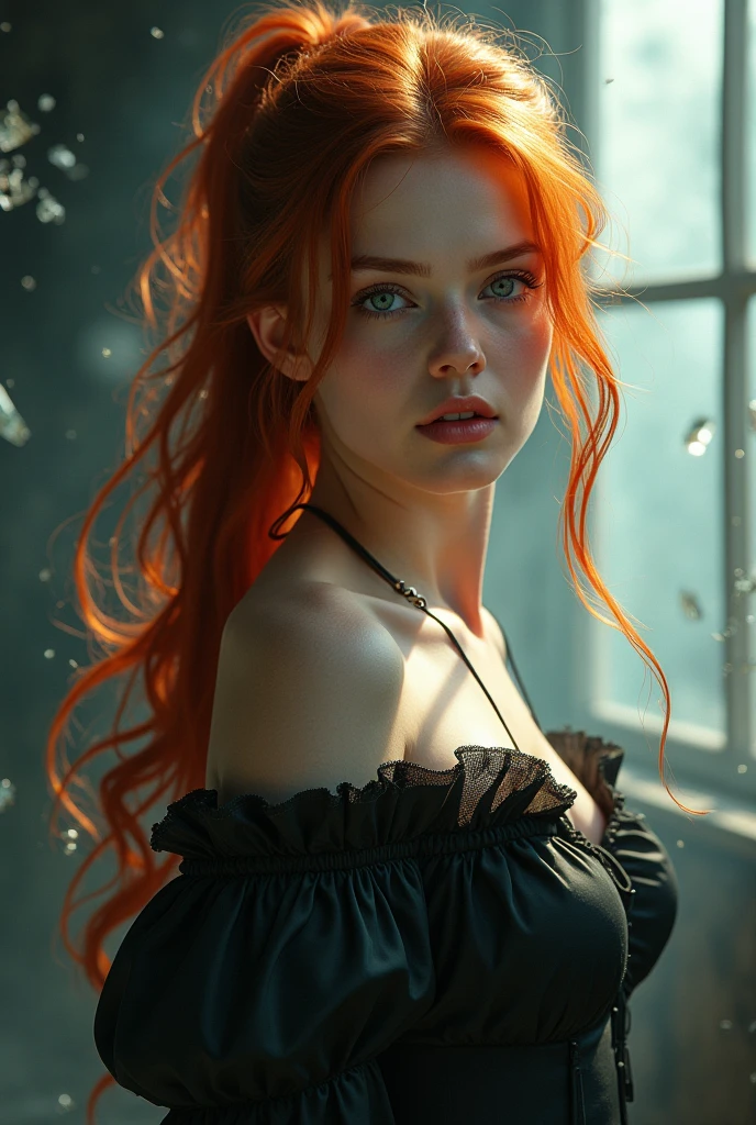 (solo, full body photo:1.3), (action packed:1.3), (haze, fog, mist:1.3), chiaroscuro, best quality, photorealistic, 1woman, (cute), (24yo:1.2), redhead, long ginger hair highly detailed, 1700'S, digital photography, art by artgerm and ruan jia and greg rutkowski surreal painting gold butterfly filigree, broken glass, (masterpiece, sidelighting, finely detailed Fashionable eyes: 1.2) (perfect oval large eyes that gazes at the viewer), beautiful detailed face, blue gorgeous perfect eyes, (blonde hair ponytail), (attractive young woman:1.3), (thick amazing hair), (seductive:1.1), (blushing:1.1)