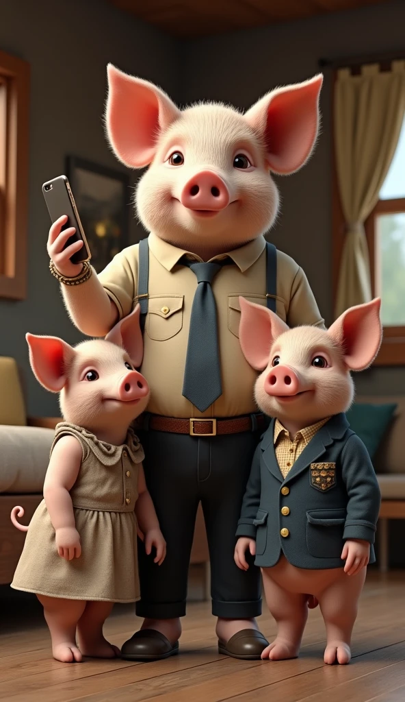an adult pig dressed in clothes and accessories as if it were a person, He's taking a selfie, where the generated image is the selfie he's taking, next to him two more adult pigs also dressed in clothes and intelligent, the scenery is a cabin in the background
