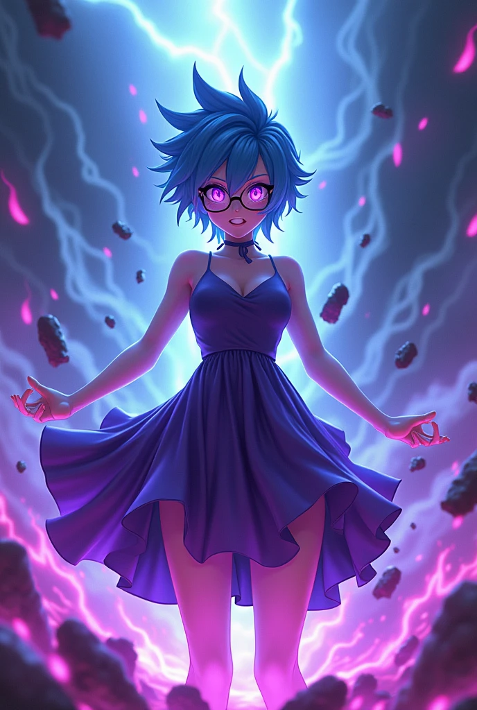 Very minimalistic, dynamic scene with a female character, bright purple eyes, glasses, blue hair, dress, chaos, everything in purple flames, demonic, light, glow, spiky hair, anime, darkness, fragments of fire, fire rain, thunderstorm, blue flame in the background, kind, shiny, aggressive, he is in a spectacular pose, 3D, dynamic pose, realistic flame, he is in a dark dungeon