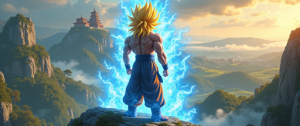 Super Saiyan Blue Goku, training in outdoor martial arts, He stands atop a massive mountain, An old castle, trees, and hills appear in the background., Yellow hair, Naruto, It shows from the back completely