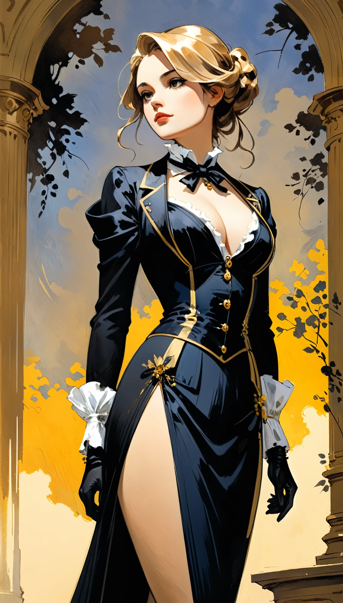 in style of Camille Corot-【Thick brushstrokes】-,in style of Bill Sienkiewicz
(1 elegantly dressed aristocratic girl,medium breasts,)low angle