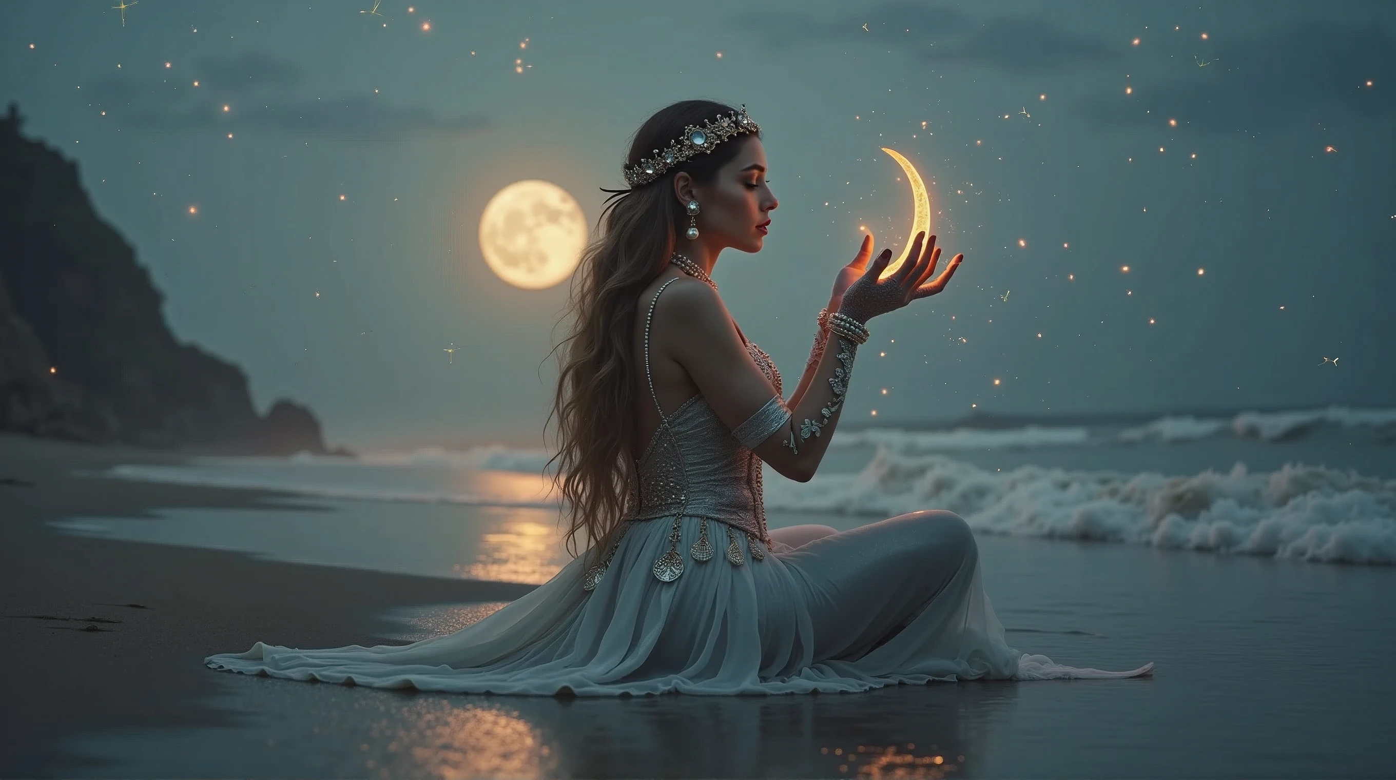 A hyperrealistic and deeply fantastical image of a woman representing the zodiac sign of Cancer sitting sideways on the sand of the beach. The camera focuses on her full body and from the rear right side..  Her hair, long and wavy, it is adorned with pearls and small seashells that reflect the moonlight. She wears a silver dress with a design reminiscent of the waves of the sea, with a corset decorated with details that imitate the claws of a crab, subtly intertwined with golden threads that shine like sand under the sun. Her makeup is mystical, with eyeshadow that recreates a nocturnal ocean, with sparkles of stars and lunar reflections, while her lips have a soft pearly sheen that evokes the reflected light in the water. 

In your head, a crescent moon-shaped tiara made of crystals that change color according to the light, reinforcing the connection with the moon and tides. In your hands, transparent gloves decorated with seaweed and bubble motifs, that extend to her elbows.

The background is an ocean under the light of a bright full moon, with waves that seem to be suspended in time, shining with ethereal lights. Around the woman, The sky is full of shooting stars and constellations forming mystical patterns.. The scene is enveloped in a luminous mist that connects the sky with the sea, creating a dreamlike and magical atmosphere. Everything in the image, from the colors to the composition, it is designed to capture the aquatic essence, emotional and protective of Cancer, while the fantasy effects make the scene spectacular and unique, as if it were the work of a photographer of magical worlds.