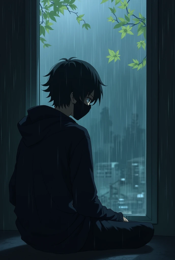 Lone anime boy sitting near window wearing black hoodie and mask and facing towards window environment is dark and rainy and disappearing in form of leaves 
