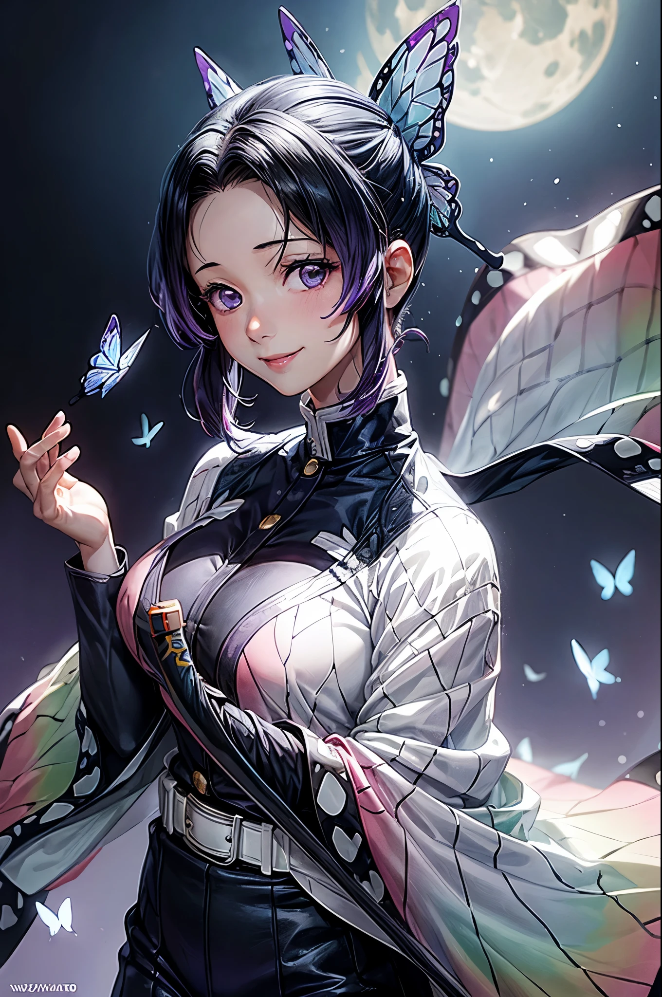 Shinobu Kochou,(比基尼:1.2),(masterpiece, Highest quality:1.3), (Super detailed:1.4),(Super detailed顔:1.2),(Super detailed目:1.2), (hyperRealistic:1.3), (RAW Photos:1.2), High-definition RAW color photos, Professional photos, (PhotoRealistic:1.4), (Realistic:1.4),8k,Professional Lighting, Perfect Anatomy, BREAK,(Big Breasts:1.4),(blush:1.2),(Bright smile:1.2),detail, Sharp focus, dramatic,dutch angle,blue sky,Ocean,sun,cloud,Butterfly Hair Ornament, Purple eyes, Multicolored Hair, short hair, Parted bangs, amount, Haori, Wide sleeves,Caustics,Surface scattered reflection,Sexy gravure pose