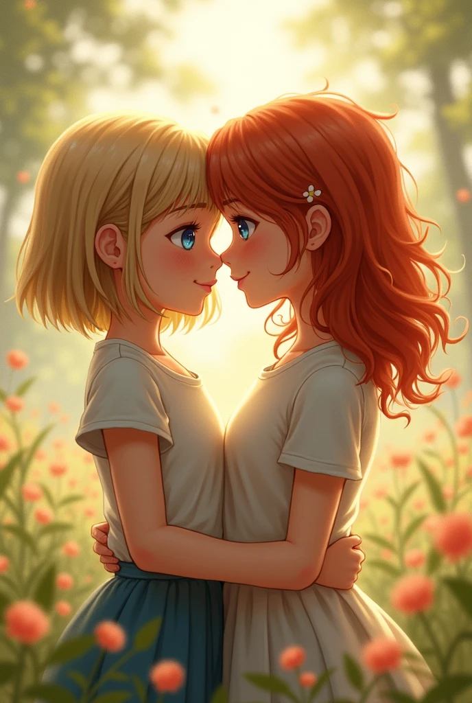 A blonde haired girl, blue eyes 4’5 feet tall 11 years old with her girlfriend that has red hair 5’5 Blue eyes