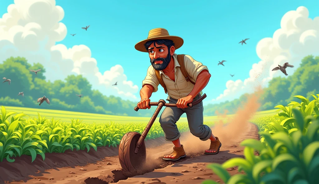 Ramu is working in the field when suddenly the plough hits a hard object)2d cartoon