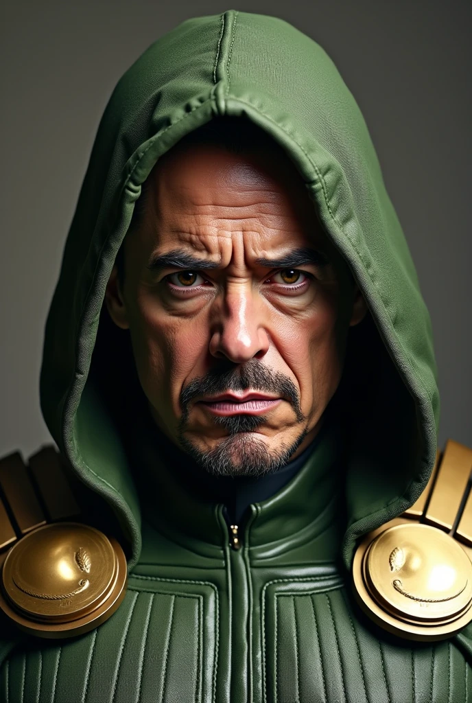 Robert Downey jr's face in dr. doom's costume,no mask in face,angry expression,face accuracy should be maintained,wide angle portrait 