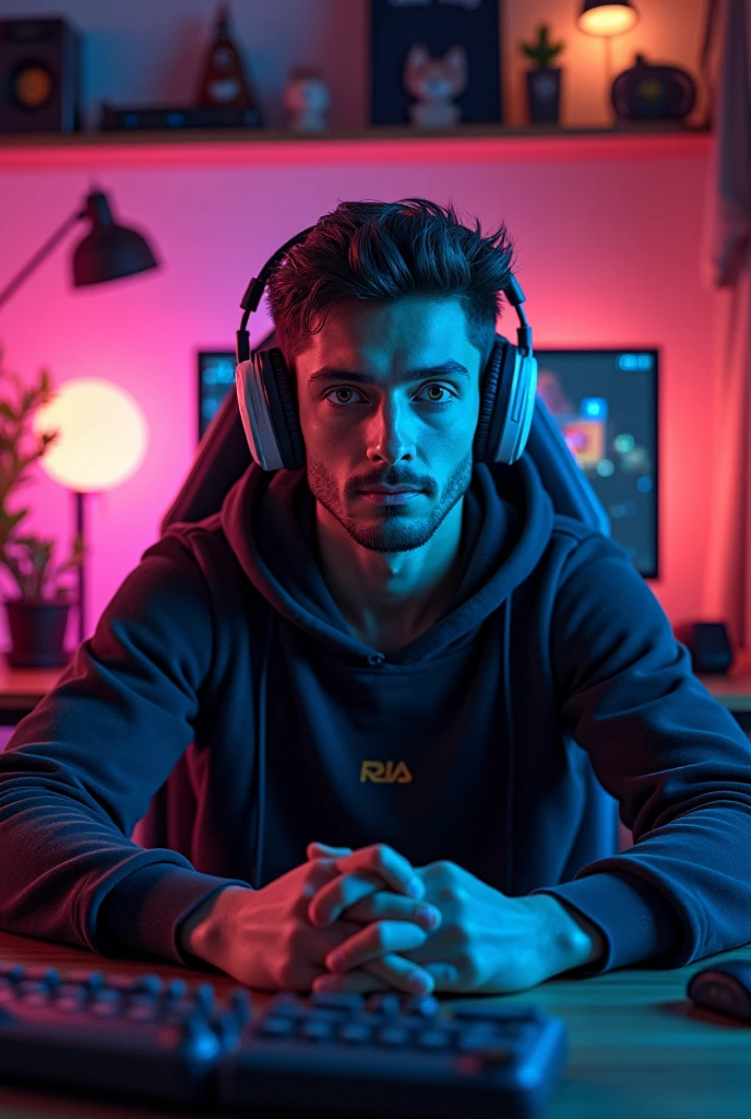 Create an image of an avatar in your gamer room, LOOKING AT ME