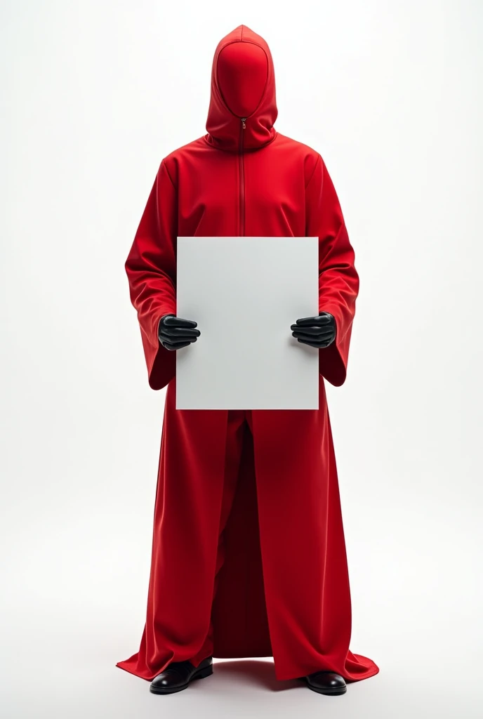 A faceless man red clothes and white background and holding large paper 