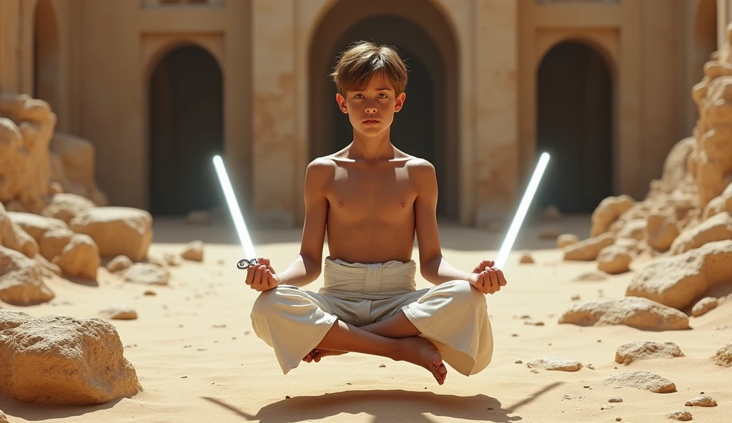 a jedi 14years boy, with white monk pants, shirtless, light brown short hair and yellow eyes, toned body, perfect and realistic body, Abandoned desert jedi temple as a backdrop, frontal, meditating, smooth body, levitate both herself and large piles of stone above the ground, 4k, high realism, two white lightsabers levitating around your body, staring at the desert landscape,