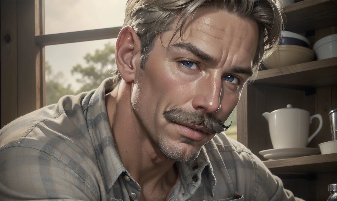 [((highly detailed, detailed eyes, detailed face, clear and realistic facial features, photorealistic, realistic light, cinematic)), ((((1 man)))), Mark is a handsome and alluring slender but muscular male farmer father aged 45 with short blond hair and a neat moustache and blue eyes and weathered skin, (((wearing a flannelette shirt))), ((((moustache)))), ((sexy southern gay daddy farmer)), ((greying dark-blond hair)), (((weathered mature face))), (((Mark has a seductive smirking look on his face and a slight blush on his cheeks))), There is a charming yet dry southern farm in the background, ((expression of strong attraction))]