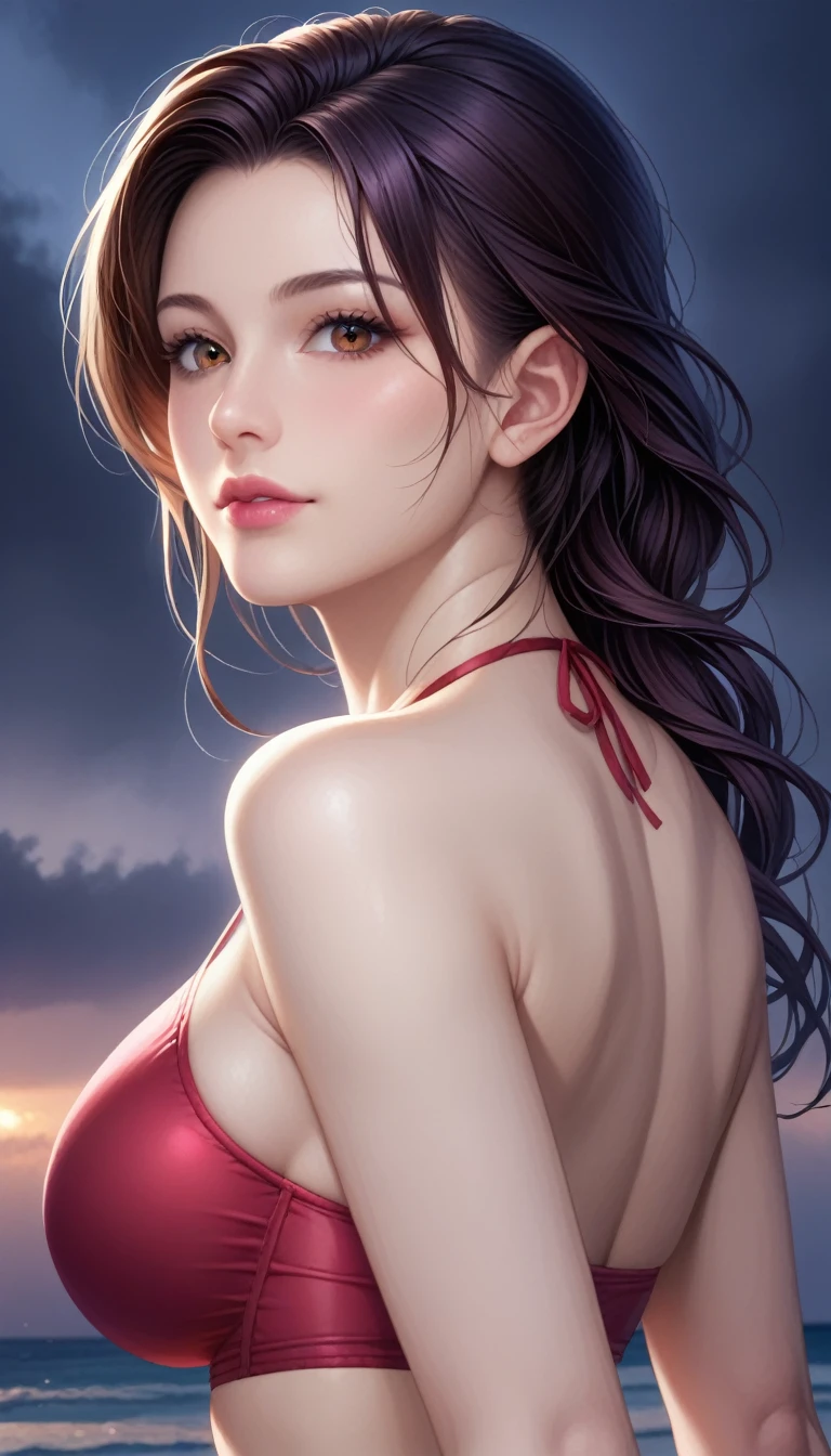 score_9, score_8_superior, score_7_superior, High-resolution CG illustration,A masterpiece in 32K resolution,Highest quality,it is really amazing,Very detailed,Ultra-high resolution,Ultra-realistic,Realistic,Increased depth of field,Cinematic lighting,
Sexy mature Japan woman,
Straight long hair with black hair,Ultra-detailed and beautiful face,Calm and gentle look,Beautiful brown eyes,Translucent white skin,Realistic skin texture,Great proportions,
Elegant red swimsuit,
Simple design,Chic color scheme based on red,Detailed fabric texture,
(Dark overcast sky on a dull night:1.1),(Dark clouds filling the sky:1.1),Thundercloud,Coastline at night,Stormy seas,delay々A desolate sandy beach that continues,
Shapely ass,(Beautiful back view:1.1),Cinematic,
