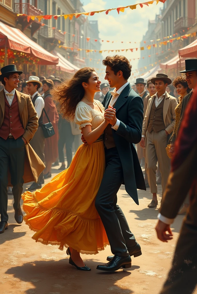 make a pic of a girl and a boy in their early 20's dancing in the midst of a crowd. (1890's era/vibes) make it chaotic like they were in an festival/event.